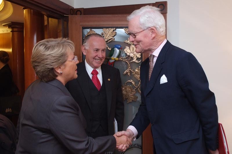 Rt Hon Lord Hurd of Westwell CH CBE PC greets HE Michelle Bachelet, President of the Republic of Chile and Rafael Moreno, Ambassador of Chile to the Court of St James's