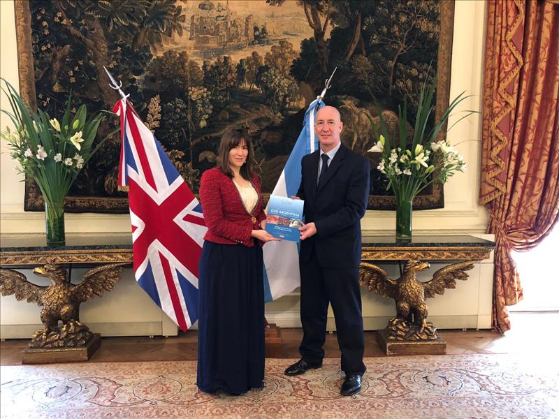 Johanna Zuleta, Special Advisor, FIRST and HE Mark Kent, Her Majesty's Ambassador to Argentina, at the launch of the G20 Leaders' Summit publication in Buenos Aires