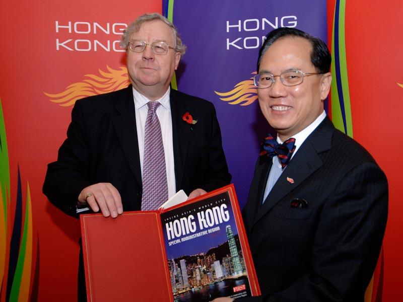 Sir Patrick Cormack FSA MP presents a leather-bound edition of the Special Hong Kong report to Donald Tsang GBM, Chief Executive of the Hong Kong Special Administrative Region