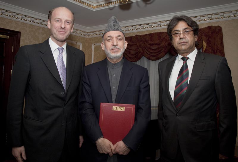 Rupert Goodman, Chairman and Founder of FIRST, HE Hamid Karzai, President of the Islamic Republic of Afghanistan and HE Homayoun Tandar, Ambassador of the Islamic Republic of Afghanistan to the Court of St James's