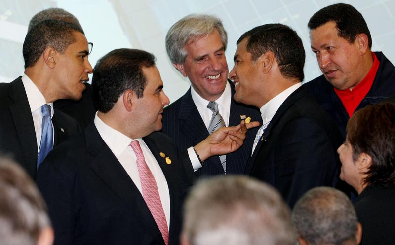 Presidents Barack Obama of the USA, Elías Antonio Saca of El Salvador, Tabaré Vázquez of Uruguay, Rafael Correa of Ecuador and Hugo Chávez of Venezuela