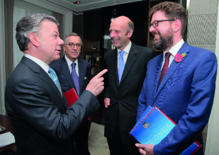 His Excellency Juan Manuel Santos, President of the Republic of Colombia, His Excellency Néstor Osorio Londoño, Colombian Ambassador to the United Kingdom, Rupert Goodman DL, Founder, FIRST and Alastair Harris, Executive Publisher and Editor, FIRST