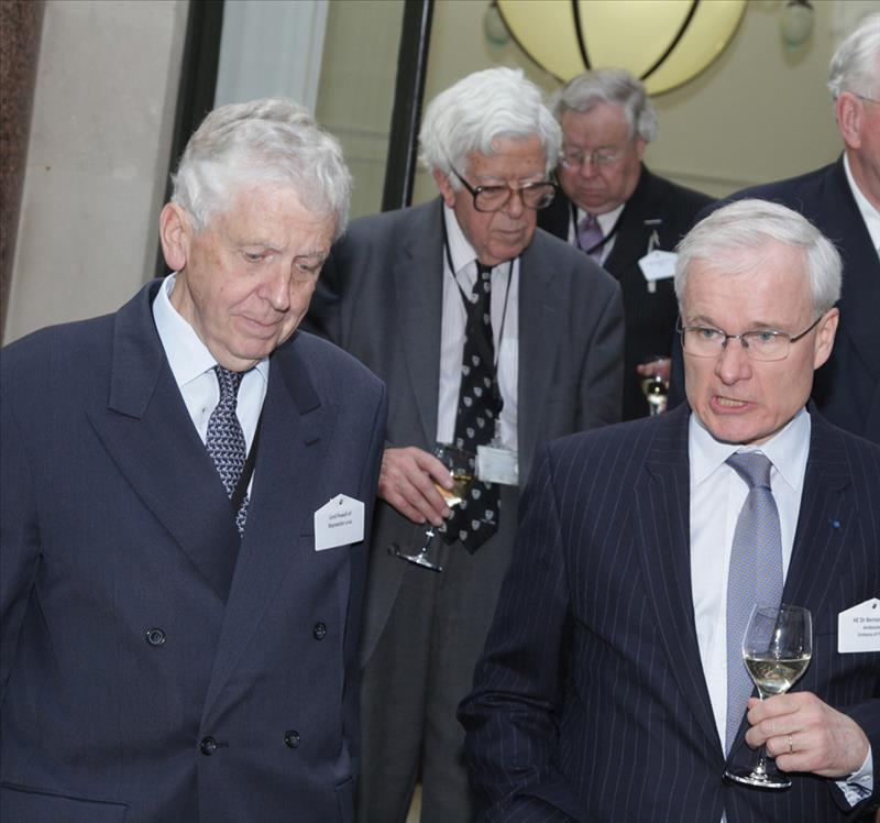 Lord Powell of Bayswater KCMG, Rt Hon Lord Howe of Aberavon Kt CH QC PC, and HE Bernard Emié, Ambassador, Embassy of France