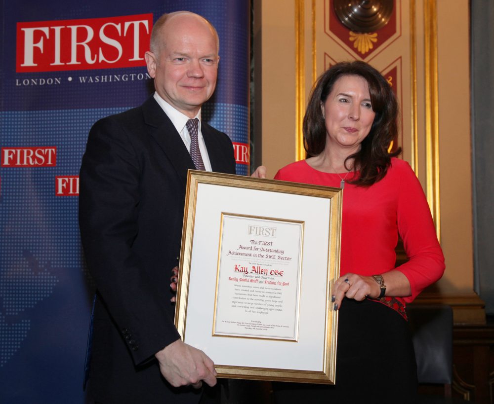 Rt Hon William Hague MP, First Secretary of State and Leader of the House of Commons presents the SME Dahrendorf Responsible Capitalism Award to Kay Allen OBE, Founding Director of Trading for Good and Really Useful Stuff