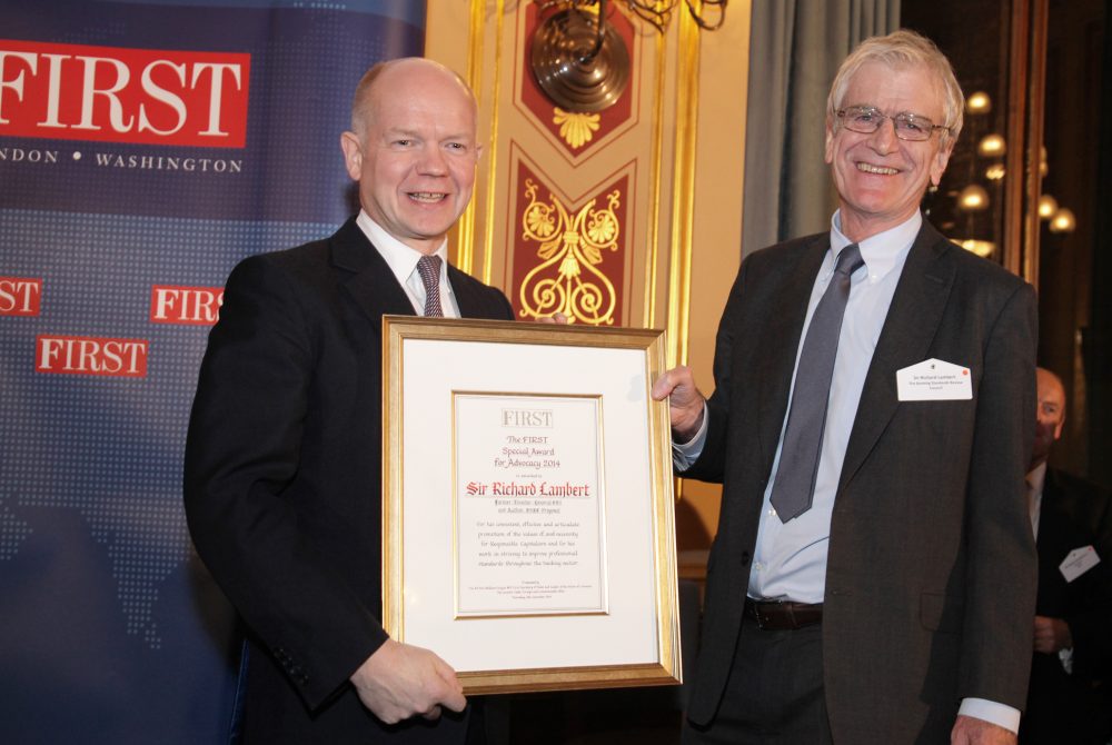 Rt Hon William Hague MP, First Secretary of State and Leader of the House of Commons presents the FIRST Responsible Capitalism Advocacy Award to Sir Richard Lambert, Founding Chairman of the Banking Standards Review Council