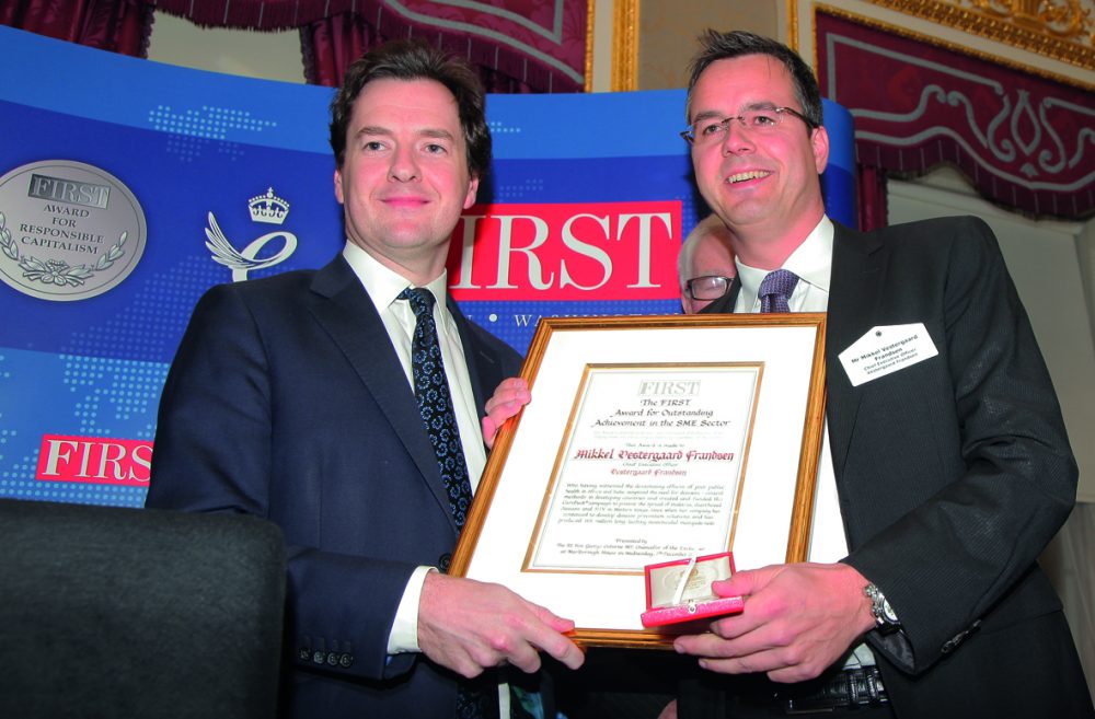 Rt Hon George Osborne MP, Chancellor of the Exchequer presents the FIRST Lord Dahrendorf Special Award for the SME Sector to Mikkel Vestergaard Frandsen, CEO and Owner of Vestergaard Frandsen