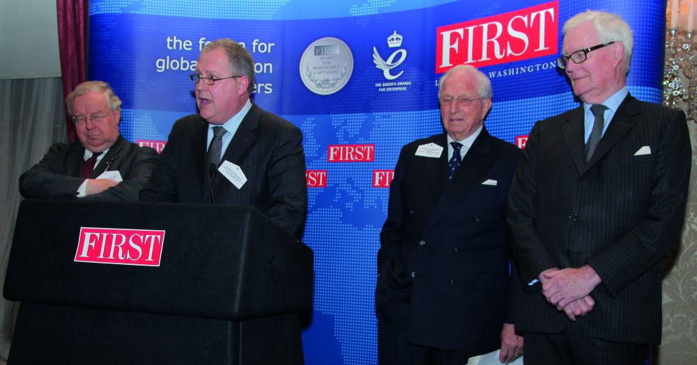 Michaël Bremens, Chairman, Ecover and winner of the FIRST Award for Responsible Capitalism 2011 addresses the guests with Lord Cormack FSA DL, Senior Advisor, FIRST, Lord Woolf, Chairman, FIRST Award Judging Panel and Lord Hurd of Westwell CH CBE, Chairman, FIRST Advisory Council