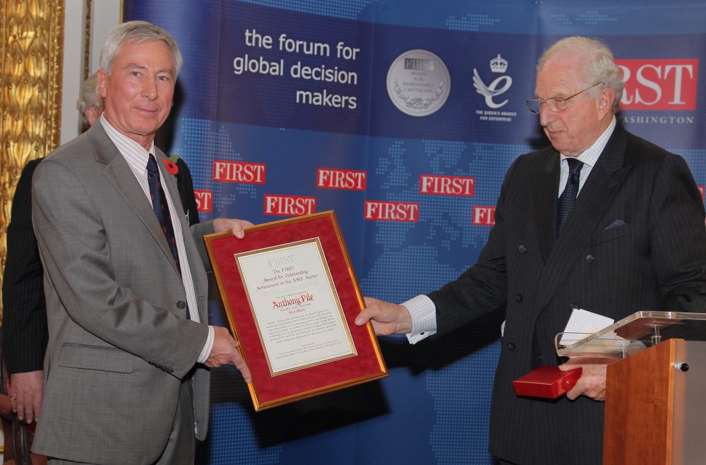 Anthony Pile, Chairman and Founder of Blue Skies, receives the FIRST Special Award for the SME Sector from Rt Hon Lord Woolf, Chairman, FIRST Award Judging Panel