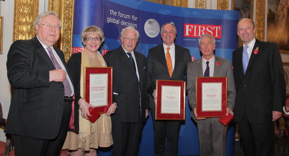 Lord Cormack DL FSA, Martina Milburn, Chief Executive Officer, The Prince's Trust, Rt Hon Lord Woolf, Chairman, FIRST Award Judging Panel, Paul Polman, Chief Executive Officer, Unilever, Anthony Pile, Chairman and Founder of Blue Skies, and Rupert Goodman DL, Chairman and Founder of FIRST
