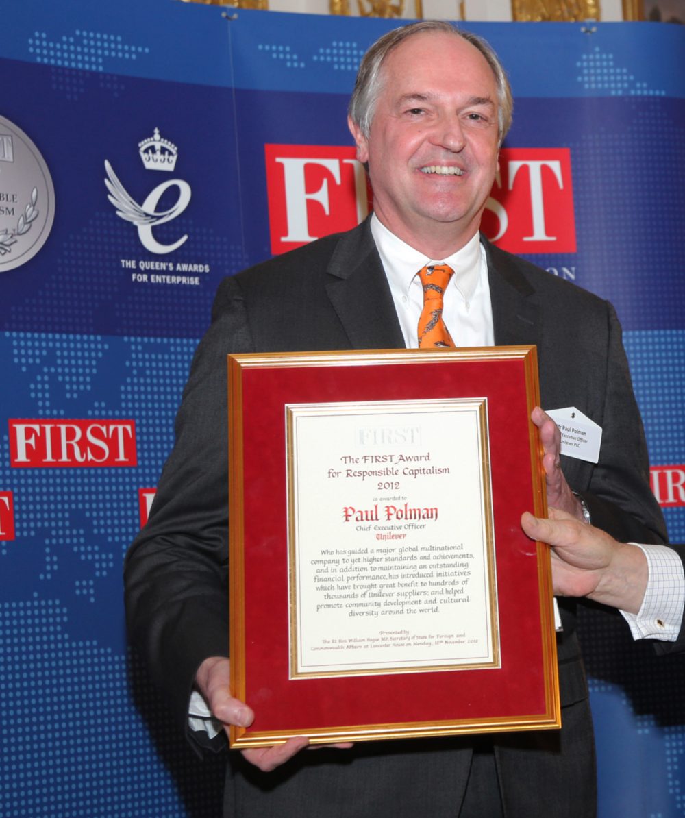 Paul Polman, Chief Executive Officer, Unilever, receives the FIRST Award for Responsible Capitalism