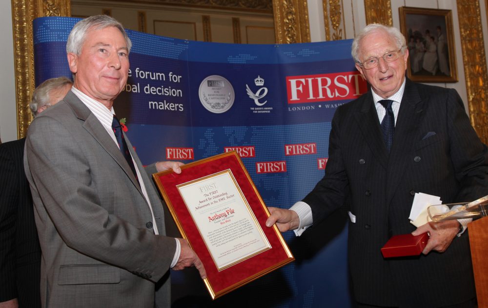 Anthony Pile, Chairman and Founder of Blue Skies, receives the FIRST Special Award for the SME Sector from Rt Hon Lord Woolf, Chairman, FIRST Award Judging Panel