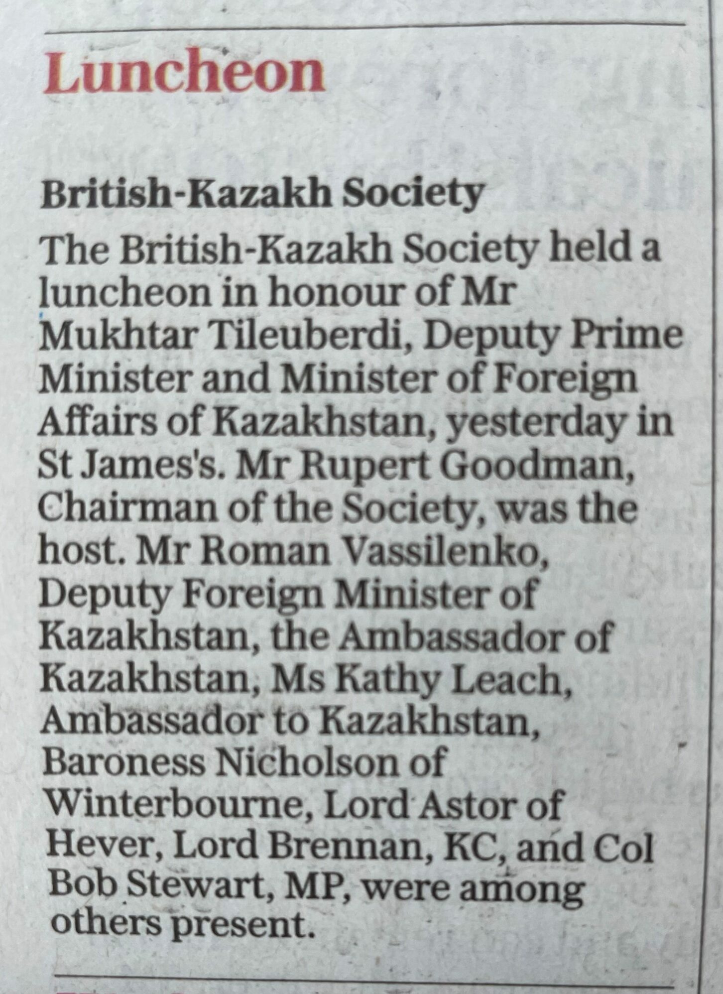 Luncheon in honour of HE Mukhtar Tileuberdi, Deputy Prime Minister and