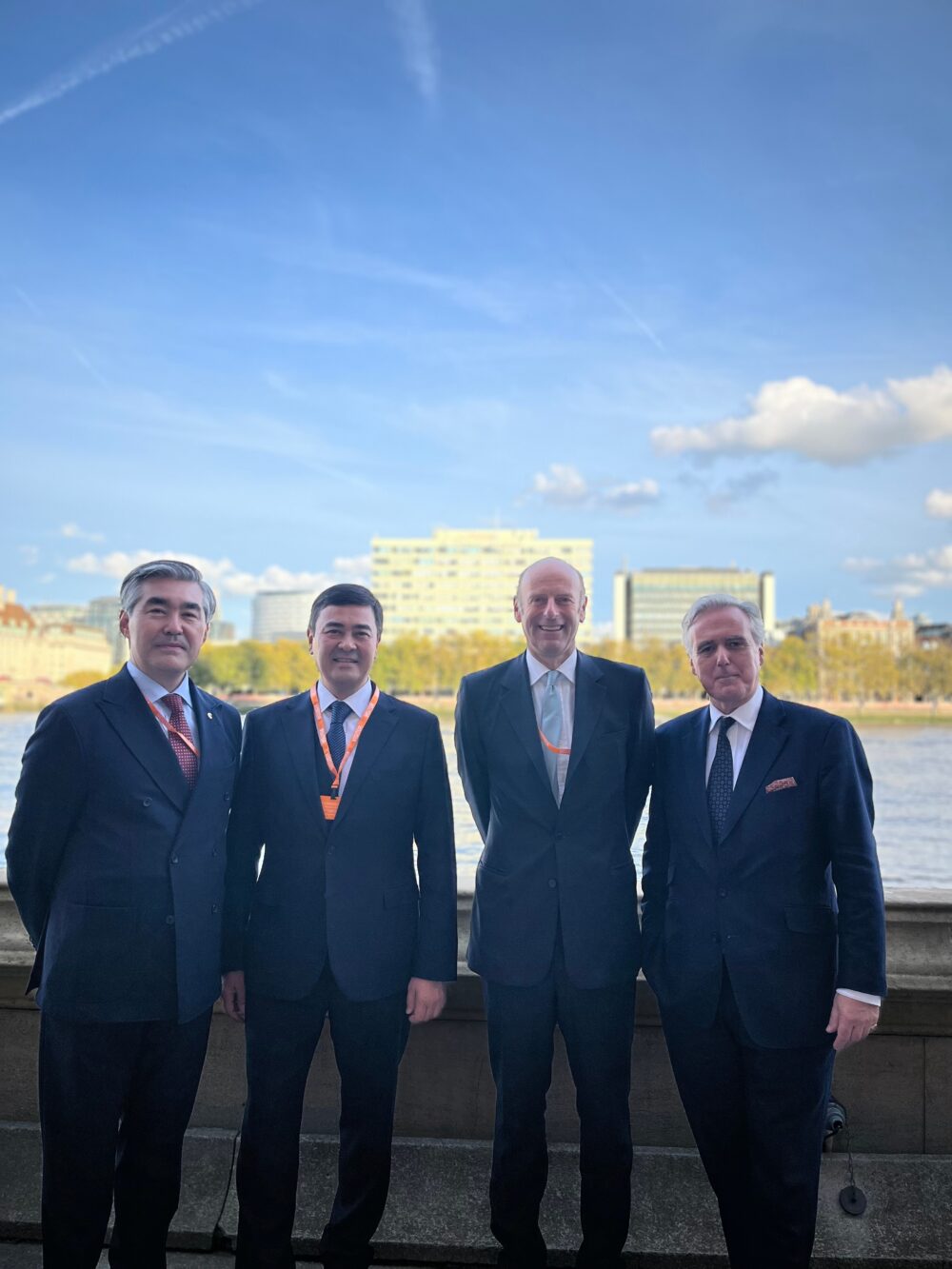 HE Magzhan Ilyassov, Armanzhan Baitassov, Rupert Goodman and Mark Garnier OBE on terrace at the Palace of Westminster