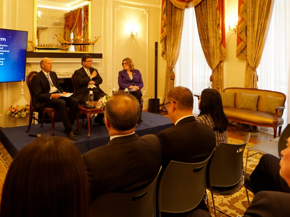 Rupert Goodman, Chairman TUBC, HE Thani Thongphakdi, Ambassador of Thailand, and Cathryn Law, Director at UK Department of Business and Trade in panel discussion on the Enhanced Trade Partnership